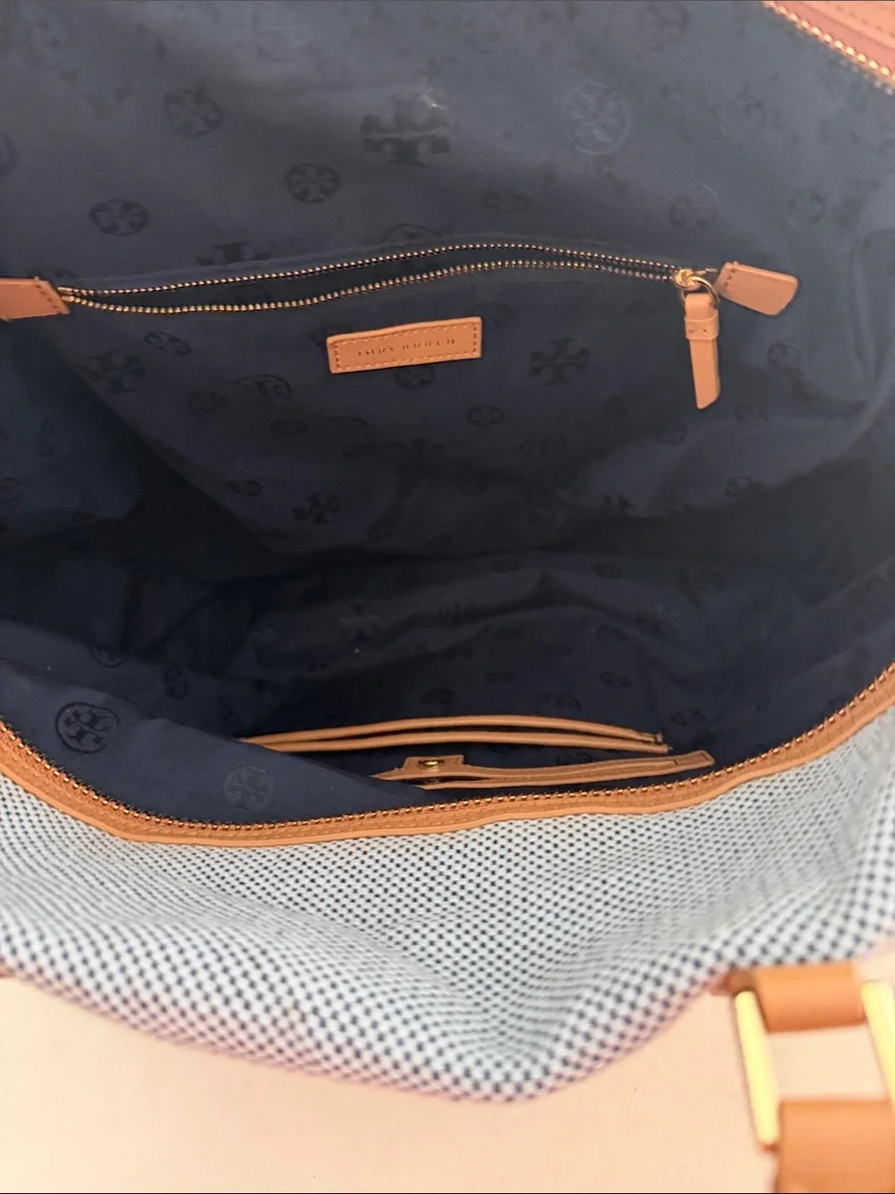 Tory Burch Light Blue Canvas Weekender with Tan Leather Logo